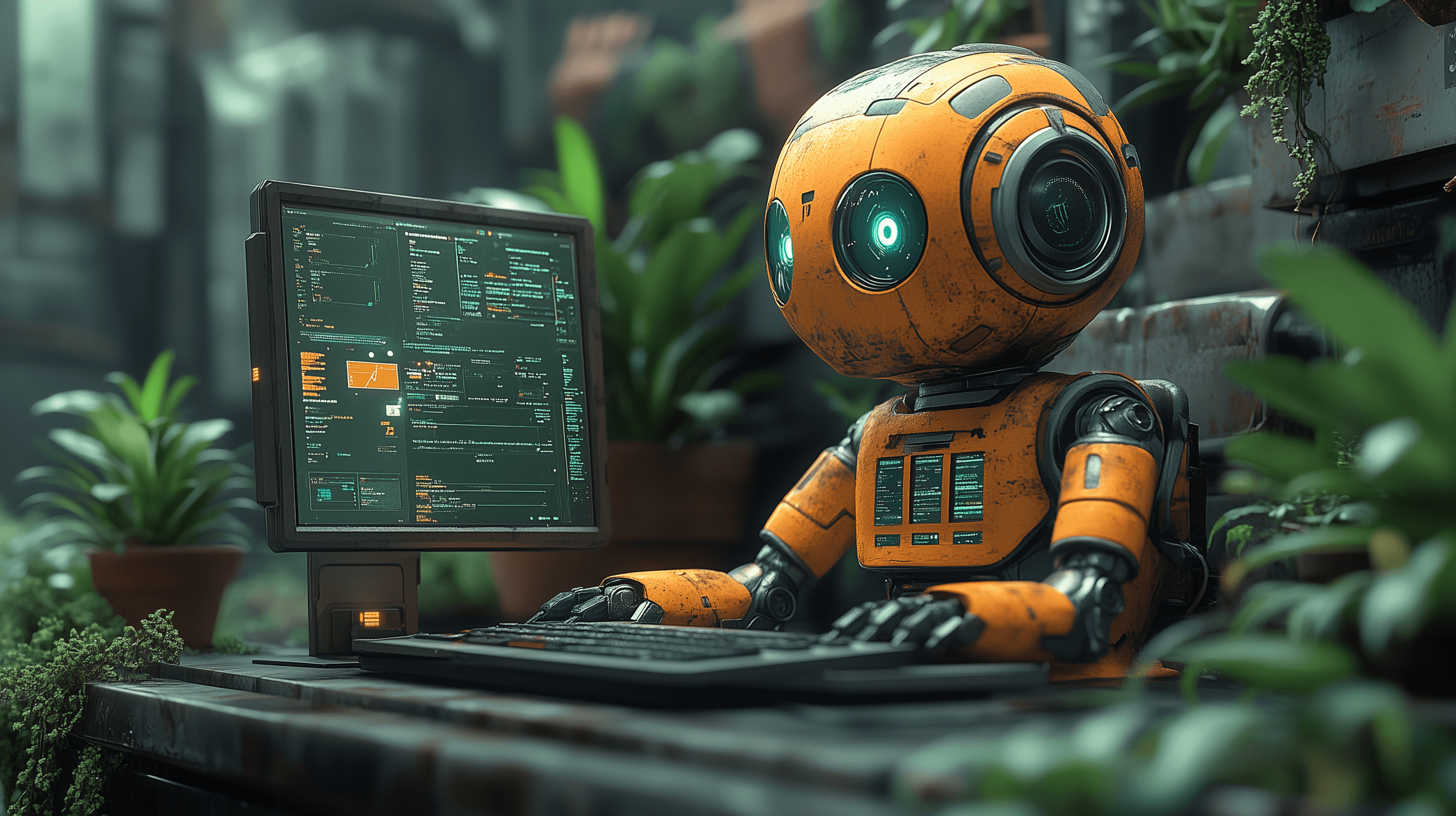 Imagen conceptual de un entorno de trabajo creativo con IA: pantallas con texto, video, voz y código generados por inteligencia artificial
